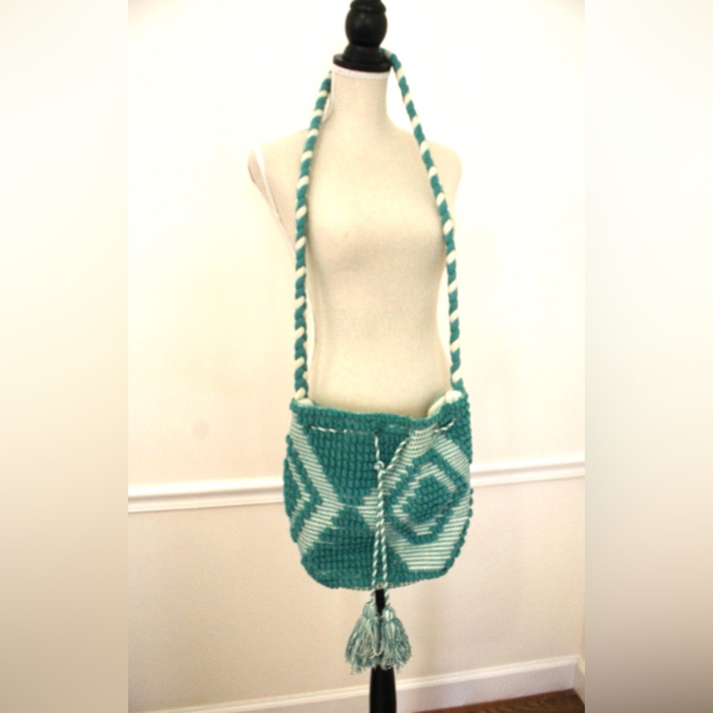 Boho Turquoise Cream 100% Cotton Knit Beach Festival Crossbody Bag Large